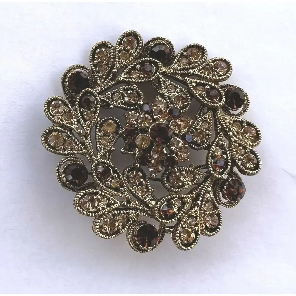 Statement Piece Brooch Costume Jewelry Gold Red Clear Rhinestones Party